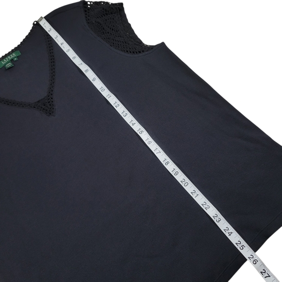 LRL Ralph Lauren Top Womens 2X Black Cotton Knit Crochet Cap Sleeve V Neck Shirt - Picture 7 of 7